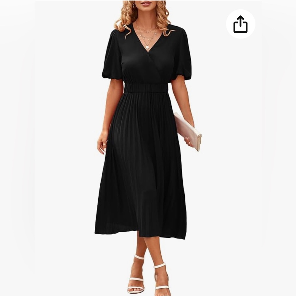 Pleated Midi Dress Wrap V Neck Puff Sleeve Casual Chiffon A Line Flowy Dress